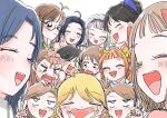  6+girls ahoge akizuki_ritsuko amami_haruka anniversary black_hair blonde_hair blue_hair bow brown_hair closed_eyes commentary_request covering_own_mouth everyone fang futami_ami futami_mami ganaha_hibiki hagiwara_yukiho hair_bobbles hair_bow hair_ornament hair_ribbon hairband hand_over_own_mouth highres hoshii_miki idolmaster idolmaster_(classic) kikuchi_makoto kisaragi_chihaya long_hair looking_at_another minase_iori miura_azusa multiple_girls open_mouth orange_hair ponytail ribbon shijou_takane siblings side_ponytail takatsuki_yayoi tobuchira twins twintails upper_body v yawning 