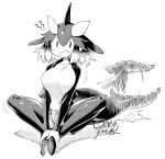  afterimage annoyed artist_name borrowed_character butterfly_sitting commentary_request dated dolphin_tail fang full_body greyscale head_fins highres kemono_friends killer_whale_(kemono_friends)_(stylecase) monochrome multicolored_hair open_mouth original short_hair signature sitting solo tail tail_wagging yoshida_hideyuki |_| 