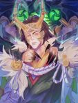  1boy armor black_hair black_nails bright_pupils dual_persona english_commentary fake_horns fingernails fur_trim green_armor green_eyes hand_on_another's_shoulder head_out_of_frame highres horned_headwear horns japanese_clothes loki_(all-butcher)_(marvel) loki_(marvel) loki_(shin_sagi-shi)_(marvel) long_fingernails looking_at_viewer male_focus marvel marvel_rivals medallion medium_hair official_alternate_costume sharp_fingernails slit_pupils thor_(marvel)_(series) upper_body white_pupils xuqin37179277 