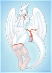  2018 4_toes anthro blue_background blush clothing cute digitigrade dragon ember-dragoness eyes_closed female fluffy fur furred_dragon hair legwear neck_tuft ribbons simple_background smile snout solo stockings tail_bow tail_ribbon toes tuft white_fur white_hair 
