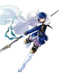  belt blue_eyes blue_hair boots cape finn_(fire_emblem) fire_emblem fire_emblem:_seisen_no_keifu fire_emblem:_thracia_776 fire_emblem_heroes full_body gloves highres itagaki_hako male_focus official_art polearm solo spear transparent_background weapon 