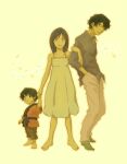  1girl 2boys arm_wrap barefoot black_hair child dress full_body hair_over_one_eye hand_in_pocket holding_hands jinnouchi_wabisuke lafere long_hair looking_at_viewer multiple_boys pants shinohara_natsuki shirt short_hair socks summer_wars uncle_and_niece white_dress yellow_background 