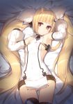  :o ahoge armpits ass_visible_through_thighs azur_lane bangs bare_shoulders bed_sheet blonde_hair blunt_bangs breasts character_name collarbone commentary_request covered_navel detached_sleeves dress eldridge_(azur_lane) eyebrows_visible_through_hair fingernails hair_ornament highres long_hair long_sleeves looking_at_viewer lying olive_(laai) on_back panties puffy_long_sleeves puffy_sleeves red_eyes sidelocks sleeveless sleeveless_dress small_breasts solo thigh_gap thighhighs twintails underwear very_long_hair white_dress white_legwear white_panties 