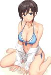  bangs bare_legs bare_shoulders barefoot bikini black_hair blue_bikini blue_eyes blush breasts brown_hair cleavage front-tie_bikini front-tie_top heart heart_necklace jewelry large_breasts navel necklace original sawada_yuusuke side-tie_bikini sidelocks simple_background sitting smile solo sweater swimsuit thighs wariza white_background white_sweater 