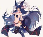  ;d animal_ears bangs bare_shoulders barefoot bell black_gloves black_legwear blunt_bangs breasts choker collarbone erune eyebrows_visible_through_hair fang fox_ears fox_shadow_puppet fox_tail fur fur_trim gloves granblue_fantasy grey_background groin hair_bell hair_ornament hair_ribbon highres jingle_bell large_breasts long_hair looking_at_viewer navel o-ishi one_eye_closed open_mouth red_eyes ribbon sideboob simple_background smile solo tail thighhighs toeless_legwear very_long_hair yuel_(granblue_fantasy) 