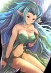  blue_hair blush breasts commentary_request granblue_fantasy kanzaki_kureha large_breasts long_hair navel pointy_ears red_eyes smile solo tiamat_(granblue_fantasy) very_long_hair 