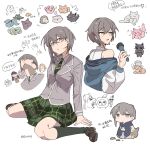  5girls animalization ave_mujica_(bang_dream!) bang_dream! bang_dream!_it's_mygo!!!!! bird brown_eyes brown_shoes bug cat chinese_commentary chinese_text commentary_request diagonal-striped_clothes diagonal-striped_necktie dog drumsticks green_necktie green_skirt grey_hair grey_jacket guagua977 hair_between_eyes hanasakigawa_school_uniform haneoka_school_uniform highres jacket kneehighs meme misumi_uika multiple_girls multiple_views mygo!!!!!_(bang_dream!) necktie off_shoulder open_mouth penguin purple_eyes raana_the_cat school_uniform shirt shoes short_hair simple_background skirt sleeveless sleeveless_shirt socks striped_clothes takamatsu_tomori togawa_sakiko translation_request upward_angle_frieren_drawing_(meme) wakaba_mutsumi white_background white_shirt yahata_umiri yuutenji_nyamu 