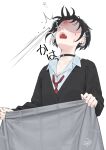  1girl aki_(rerrere) bed_sheet black_hair black_jacket bruise bruise_on_face ear_piercing flying_button highres holding holding_sheet injury jacket long_sleeves mole mole_on_cheek multicolored_hair open_mouth original piercing rerrere shirt solo streaked_hair translation_request white_shirt 
