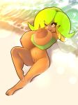  2018 amber_eyes areola arm_warmers armwear banana beach big_breasts breasts brown_body clothed clothing female flora_fauna food fruit green_clothing green_hair hair hi_res holding_breast huge_breasts humanoid leaf_hair looking_at_viewer lying mostly_nude navel nipples not_furry on_back one_eye_closed open_mouth outside plant plantpenetrator pussy sand seaside short_hair tami_(elfdrago) teeth thick_thighs tongue water 