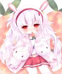  :x animal_ears azur_lane bangs blush bunny_ears camisole carrying commentary_request eyebrows_visible_through_hair facial_mark food food_in_mouth hair_between_eyes hair_ornament hairband hands_up heart heart-shaped_pupils highres holding holding_food jacket laffey_(azur_lane) long_hair long_sleeves midriff_peek miko_(no1122334455a) mouth_hold navel pantyhose pink_jacket pleated_skirt red_eyes red_hairband red_skirt sitting sketch skirt sleeves_past_wrists solo stuffed_animal stuffed_bunny stuffed_toy symbol-shaped_pupils very_long_hair white_background white_camisole white_legwear 