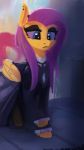 2018 clothed clothing dark dress ear_piercing equine eyelashes eyeshadow feathered_wings feathers female feral fluttershy_(mlp) friendship_is_magic frown fully_clothed goth hair half-closed_eyes hi_res hooves long_hair makeup mammal mascara my_little_pony paperdrop pegasus piercing pink_hair portrait solo teal_eyes walking wings yellow_feathers 