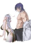  1boy 1girl babydoll black_babydoll black_pants blue_hair breasts bulge character_request closed_eyes copyright_request cowboy_shot eyelashes from_side grey_hair highres large_breasts long_hair open_clothes open_shirt pants pointy_ears s7nsles shirt topless_male white_shirt 