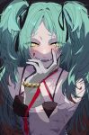  1girl absurdres black_dress black_ribbon blush commentary_request dress eyelashes fangs gloves green_hair hair_ribbon highres long_hair looking_at_viewer nekoma_hikaru path_to_nowhere red_ribbon ribbon solo twintails upper_body wendy_(path_to_nowhere) white_gloves yellow_eyes 