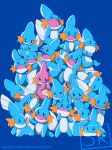  ^_^ absurdres alternate_color blue blue_background blue_skin closed_eyes closed_mouth covering_mouth creature crossed_arms d: gen_3_pokemon highres lying mudkip no_humans odd_one_out on_stomach open_mouth outstretched_arms pink_skin pokemon pokemon_(creature) shiny_pokemon signature simple_background smile standing techranova too_many watermark web_address 
