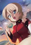  :d bangs blonde_hair blue_eyes blurry blurry_background blurry_foreground braid building cloud cloudy_sky commentary cup darjeeling depth_of_field dutch_angle epaulettes eyebrows_visible_through_hair girls_und_panzer holding jacket kanau light long_sleeves military military_uniform night night_sky open_mouth outdoors pointing pointing_up red_jacket saucer short_hair sitting sky smile solo st._gloriana's_military_uniform table teacup tied_hair tiered_tray twilight twin_braids uniform 