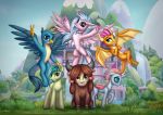  2018 absurd_res ambiguous_gender avian beak bovine changeling cutie_mark detailed_background digital_media_(artwork) dragon earth_pony equine eyelashes feathered_wings feathers female feral friendship_is_magic gallus_(mlp) group gryphon hair hi_res hippogryph horse male mammal membranous_wings my_little_pony ocellus_(mlp) outside pony sandbar_(mlp) setharu silverstream_(mlp) smile smolder_(mlp) v_sign waterfall wings yak yona_(mlp) 