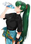  arm_at_side arm_up bangs belt black_shirt blush bottle breasts closed_eyes cowboy_shot drinking eyebrows_visible_through_hair fire_emblem fire_emblem:_rekka_no_ken from_side green_hair high_ponytail highres large_breasts loincloth long_hair lyndis_(fire_emblem) ormille ponytail profile shirt short_sleeves simple_background solo straight_hair sweat tassel twitter_username very_long_hair water water_bottle wet wet_clothes wet_shirt white_background 