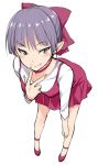  bow breasts commentary_request dress fang_out gegege_no_kitarou hair_bow kusano_(torisukerabasu) looking_at_viewer nekomusume nekomusume_(gegege_no_kitarou_6) pointy_ears purple_hair red_bow red_dress short_hair small_breasts solo yellow_eyes 
