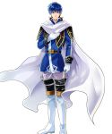  belt blue_eyes blue_hair boots cape finn_(fire_emblem) fire_emblem fire_emblem:_seisen_no_keifu fire_emblem:_thracia_776 fire_emblem_heroes full_body gloves highres itagaki_hako male_focus official_art solo transparent_background 