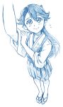  arm_up bbb_(friskuser) commentary floral_print flying_sweatdrops foreshortening from_above geta hair_between_eyes highres houshou_(kantai_collection) japanese_clothes kantai_collection kimono looking_at_viewer monochrome ponytail reaching_out self_shot sketch smile solo 
