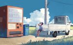  1boy black_hair black_shorts can cloud commentary drinking english_commentary faceless faceless_male grass highres holding holding_can kei_truck motor_vehicle original path power_lines rural sandals shirt short_hair shorts sitting solo taizo_(taizo_03) truck utility_pole vending_machine white_shirt wide_shot 