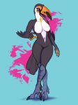  5_fingers anthro avian beak bird blue_background blue_eyes breasts featureless_breasts featureless_crotch female fivel non-mammal_breasts simple_background smile solo toucan 