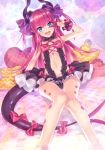  1girl bikini bikini_skirt blue_eyes breasts demmy dragon_girl elizabeth_bathory_(fate) elizabeth_bathory_(fate)_(all) fate/grand_order fate_(series) horns long_hair looking_at_viewer navel pink_hair pointy_ears sitting small_breasts smile solo swimsuit v 