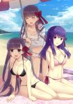  :d absurdly_long_hair absurdres arm_support bangs bare_arms bare_shoulders bb_(fate)_(all) bb_(fate/extra_ccc) beach bikini black_bikini blue_sky blush bow breasts cleavage closed_eyes cloud collarbone day dual_persona eyebrows_visible_through_hair fate/extra fate/extra_ccc fate/stay_night fate_(series) fingernails frilled_bikini frills front-tie_bikini front-tie_top hair_bow highres hood hood_down hoodie horizon large_breasts long_hair looking_at_viewer matou_sakura multiple_girls multiple_persona navel ocean open_clothes open_hoodie open_mouth ouhina outdoors pink_bikini purple_eyes purple_hair red_bow sand side-tie_bikini sitting sky smile swimsuit upper_teeth v-shaped_eyebrows very_long_hair water white_hoodie 