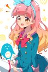  :d aikatsu!_(series) aikatsu_friends! bangs blue_hair bokkun_(doyagaobyo) bow commentary_request eyebrows_visible_through_hair gradient_hair hair_bow highres long_hair looking_at_viewer multicolored_hair open_mouth orange_hair pink_hair smile star_harmony_academy_uniform yellow_eyes yuuki_aine 