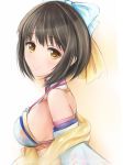  bare_shoulders black_hair blush bow breasts commentary_request hair_bow hair_ornament idolmaster idolmaster_cinderella_girls looking_at_viewer looking_to_the_side medium_breasts nannacy7 short_hair sideboob smile solo takafuji_kako upper_body yellow_eyes 