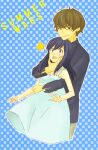  1boy 1girl arm_wrap beard_stubble blue_background blue_dress blue_hair brown_eyes brown_hair copyright_name dress facial_hair hand_on_another's_chin jinnouchi_wabisuke long_hair natsui_(scs) open_mouth polka_dot polka_dot_background shinohara_natsuki short_hair smile star_(symbol) stubble summer_wars sweat uncle_and_niece 