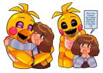 adoration anthro anthrophobixx avian bib bib_only bird chica_(fnaf) chicken clothing dialogue duo feathers female five_nights_at_freddy's five_nights_at_freddy's_2 galliform hollow_eyes hug hugging_another human mammal panties phasianid pink_clothing pink_panties pink_underwear robot_anthro scottgames toy_chica_(fnaf) underwear yellow_body yellow_feathers