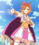  1girl animal_ears armor blush breasts cape closed_mouth crown ear_ornament fingerless_gloves gloves gold_armor gold_corset hair_between_eyes highres horse_ears horse_girl horse_tail jewelry long_sleeves looking_at_viewer meiji_(kurumierika) mini_crown multiple_rings orange_hair orange_tail pink_cape pink_crown purple_eyes ring shirt short_hair shoulder_armor single_glove skirt smile solo t.m._opera_o_(o_sole_suo!)_(umamusume) t.m._opera_o_(umamusume) tail thighhighs two-tone_skirt umamusume white_shirt white_thighhighs 