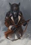  anthro belt blue_eyes bomber_jacket canine clothed clothing flat_cap flight_jacket gun hat holding_object holding_weapon inner_ear_fluff jacket mammal racoonwolf ranged_weapon rifle snow solo standing weapon wolf 