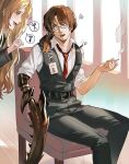  1boy 1girl arthropod_limbs black_pants black_vest brown_eyes brown_hair cigarette collared_shirt gregor_(project_moon) highres holding holding_cigarette index_finger_raised limbus_company long_sleeves looking_to_the_side low_ponytail mephistopheles_(project_moon) necktie oxy_(ho2) pants ponytail project_moon red_necktie rodion_(project_moon) shirt sitting smoke vest white_shirt 