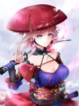 asymmetrical_hair blue_eyes blue_kimono breasts cleavage collarbone commentary_request detached_sleeves dual_wielding earrings fate/grand_order fate_(series) hair_ornament hane_yuki highres holding holding_sword holding_weapon japanese_clothes jewelry katana kimono large_breasts looking_at_viewer magatama miyamoto_musashi_(fate/grand_order) obi pink_hair ponytail sash sheath sleeveless sleeveless_kimono solo sword weapon 