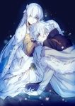  1girl anastasia_(fate/grand_order) blue_eyes cloak coat doll fate/grand_order fate_(series) fur_trim hair_over_one_eye hair_ribbon kadoc_zemlupus long_hair ribbon silver_hair sitting xia_(ryugo) yellow_eyes 