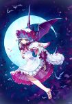  ainy77 bat_wings bird blue_hair bracelet commentary_request crescent_moon dress finger_to_mouth highres jewelry leg_up moon night night_sky remilia_scarlet short_hair sky solo star_(sky) starry_moon starry_sky touhou white_dress wings 