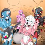  airplane_wing android arcee blue_eyes chromia chuva736 crotch_plate curvy drum drum_set elita_one flame_toys flame_toys_arcee flame_toys_windblade guitar helmet highres horns humanoid_robot instrument mechanical_wings metal_skin microphone multiple_girls pink_lips robot robot_girl science_fiction transformers windblade wings 