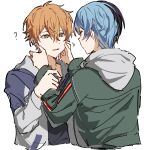  2boys ? aoyagi_touya blonde_hair blue_hair cheek_pinching dayud11 grabbing_another's_arm green_eyes hair_between_eyes hand_up hands_up highres hood hood_down hooded_jacket jacket long_sleeves male_focus multicolored_hair multiple_boys open_clothes open_jacket orange_hair parted_lips pinching project_sekai shinonome_akito short_hair simple_background split-color_hair streaked_hair two-tone_hair upper_body white_background 