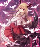  :d ayamisiro blonde_hair floating_hair frilled granblue_fantasy hair_between_eyes horn layered_skirt long_hair multiple_wings open_mouth pointy_ears red_eyes red_skirt shirt skirt smile solo vampy very_long_hair white_shirt wings 