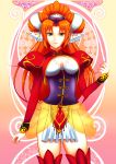  breasts commentary_request corset grandia grandia_ii green_eyes hair_ornament highres juliet_sleeves kaamira large_breasts long_hair long_sleeves looking_at_viewer millenia_(grandia) puffy_sleeves red_hair solo thighhighs 