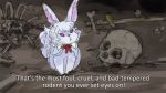  bone bow bowtie commentary cypherone fate/grand_order fate_(series) fou_(fate/grand_order) highres killer_rabbit_of_caerbannog monty_python monty_python_and_the_holy_grail no_humans parody skeleton skull subtitled sword weapon 