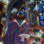  2boys armor blue_armor blue_fire blue_skin bodysuit candle cape colored_skin commentary_request dragon_lord dragon_quest dragon_quest_i fake_horns fangs feet_out_of_frame fighting_stance fire gloves height_difference helmet hero_(dq1) highres holding holding_staff holding_sword holding_weapon horned_helmet horns indoors jewelry looking_at_another multiple_boys necklace orange_bodysuit pillar purple_robe red_cape robe shoulder_armor staff stained_glass sword teeth throne toriga turtleneck turtleneck_bodysuit two-sided_cape two-sided_fabric weapon white_gloves yellow_eyes 