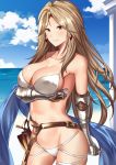  armor bangs bare_shoulders beach belt bikini bikini_armor blue_sky blush breast_hold breasts brown_eyes brown_gloves brown_hair cleavage closed_mouth cloud collarbone commentary_request day earrings elbow_gloves gauntlets gloves granblue_fantasy highres hips inuikentarou_(mfwt5357) jewelry katalina_aryze large_breasts long_hair looking_at_viewer navel ocean outdoors parted_bangs sky solo swimsuit sword thighs weapon white_bikini 