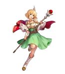  bangs blonde_hair boots breastplate breasts bridal_gauntlets cape capelet collarbone dress fire_emblem fire_emblem:_thracia_776 fire_emblem_heroes full_body green_dress green_eyes hair_ornament high_heel_boots high_heels highres holding jewelry konfuzikokon leg_up looking_away medium_breasts nanna_(fire_emblem) necklace official_art open_mouth short_dress short_hair short_sleeves shoulder_armor sidelocks smile solo staff transparent_background 