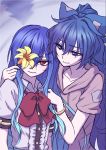  bangle blouse blue_background blue_bow blue_eyes blue_hair bow bowtie bracelet closed_mouth collarbone commentary_request debt drawstring eyebrows_visible_through_hair flower frilled_blouse grey_hoodie hair_between_eyes hair_bow hinanawi_tenshi holding holding_flower jewelry long_hair looking_at_another looking_at_viewer miata_(miata8674) multiple_girls no_hat no_headwear one_eye_covered puffy_short_sleeves puffy_sleeves red_bow red_eyes red_neckwear ripples short_sleeves sidelocks smile touhou very_long_hair white_blouse yellow_flower yorigami_shion 