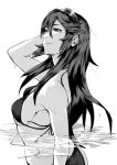  bikini breasts commentary_request dripping fire_emblem fire_emblem:_kakusei fire_emblem_heroes from_side greyscale hair_between_eyes hand_in_hair head_tilt long_hair looking_up lucina medium_breasts messatsu_tan monochrome partially_submerged sideboob solo swimsuit tiara water wet 