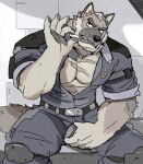  1boy abs_peek animal_ears bara belt blue_jumpsuit broad_shoulders cigarette facial_hair frown furry furry_male holding holding_cigarette holding_lighter huge_pectorals jumpsuit knee_pads lighter looking_to_the_side looking_up male_focus muscular muscular_male mustache_stubble original pawpads pectoral_cleavage pectorals saltypoundcake scar scar_across_eye scar_on_chest scar_on_face sitting solo spread_legs stubble tail thick_arms thick_eyebrows thick_thighs thighs unlit_cigarette_in_mouth wolf_boy wolf_ears wolf_tail zipper 