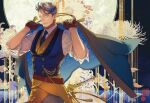  1boy belt blue_cape blue_eyes blue_necktie blue_vest brown_belt brown_gloves buttons cape collared_shirt cowboy_shot double-breasted facial_hair fate/grand_order fate_(series) flower full_moon gloves goatee_stubble grey_hair holding holding_unworn_cape holding_unworn_clothes katana katsu_kaishuu_(fate) light_smile looking_at_viewer male_focus mature_male moon multicolored_hair necktie night old old_man orange_robe outdoors robe shirt sleeves_rolled_up solo spider_lily streaked_hair stubble suzuki_tsuta sword two-tone_hair unworn_cape vest water weapon white_flower white_shirt white_spider_lily yellow_eyes 